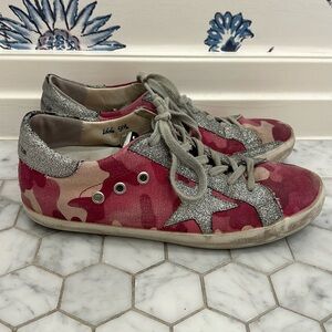 Golden Goose Pink Camo Sneakers with Silver accent heel